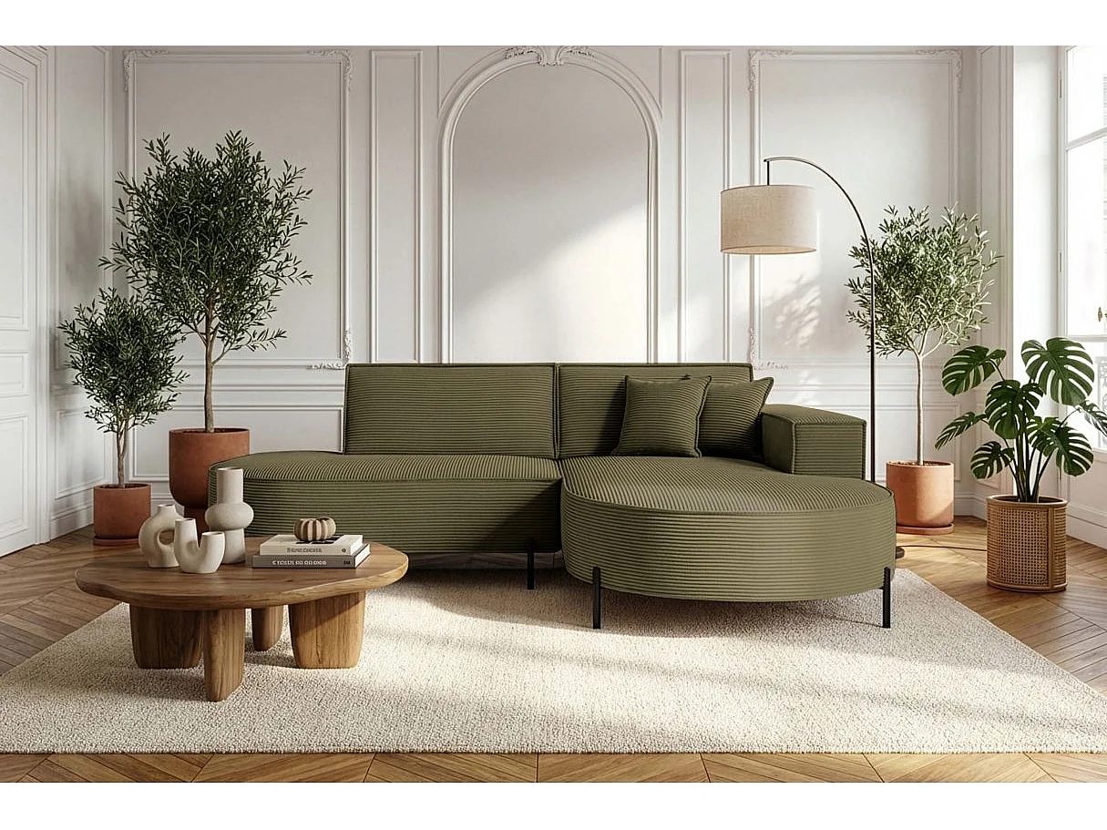 Canapé d'angle droit 4 places MARLON en velours côtelé - Vert kaki
