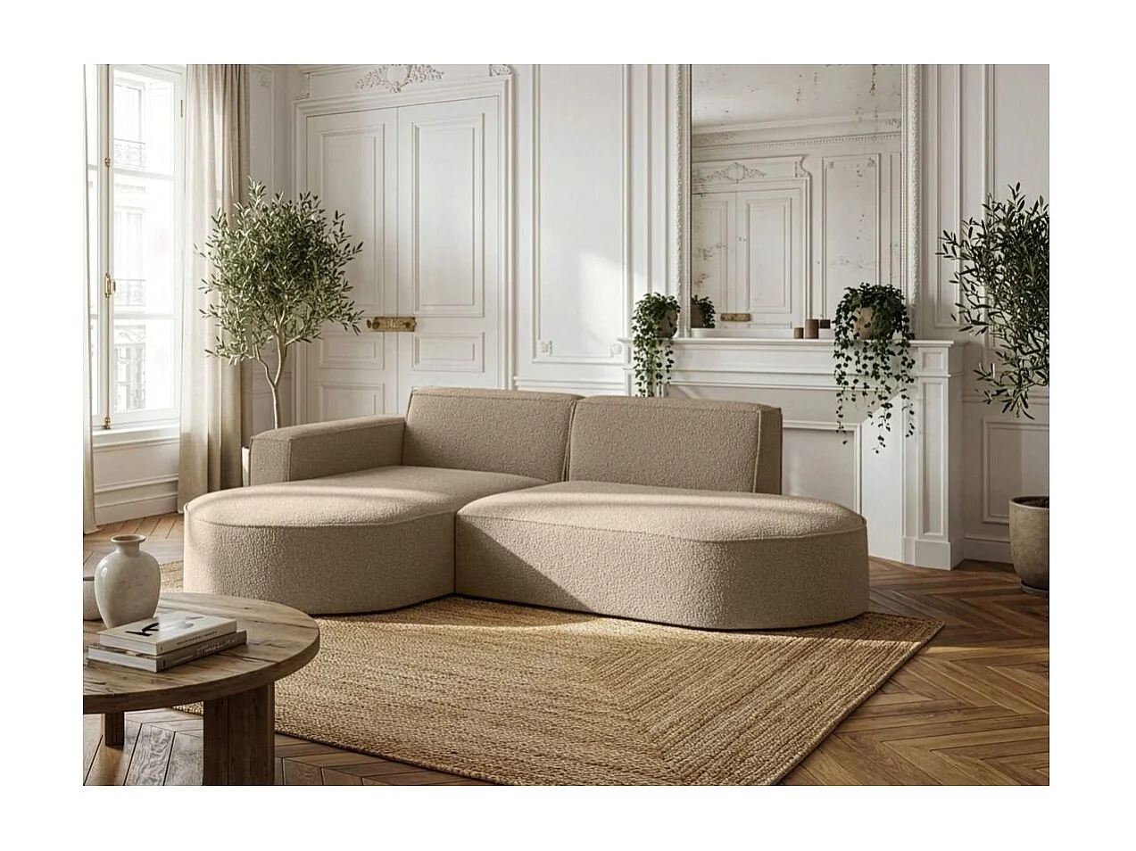 Canapé d'angle gauche 4 places MARLA en tissu bouclette - Taupe