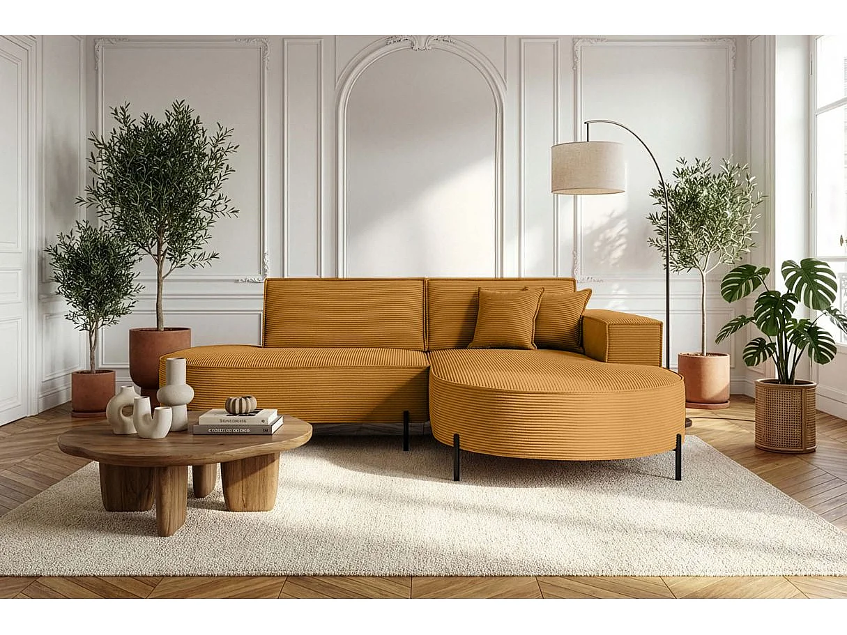 Canapé d'angle droit 4 places MARLON en velours côtelé - Jaune