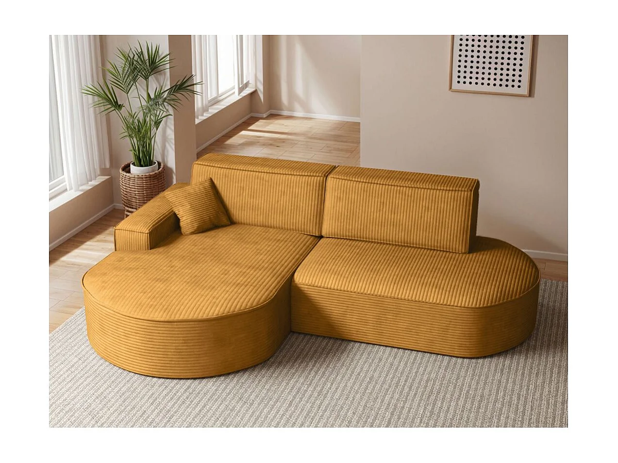 Canapé d'angle gauche convertible 4 places MARLO en velours cotelé - Jaune