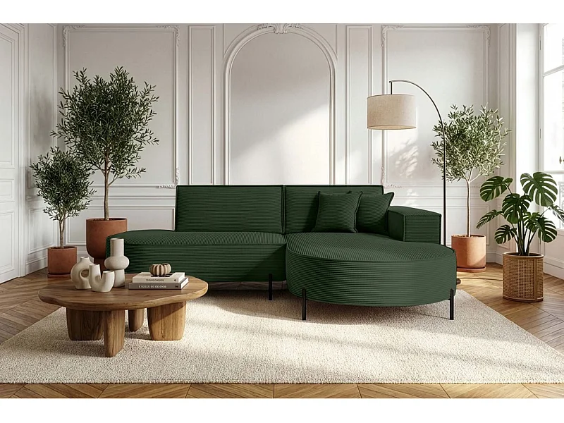 Canapé d'angle droit 4 places MARLON en velours côtelé - Vert foncé