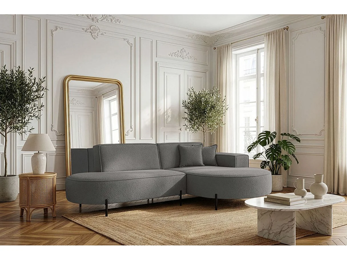 Canapé d'angle droit 4 places MARLON en tissu bouclette - Gris anthracite