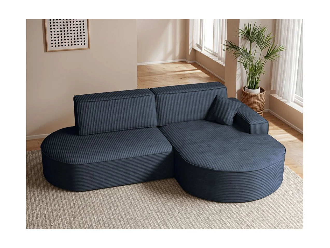 Canapé d'angle droit convertible 4 places MARLO en velours cotelé - Bleu foncé