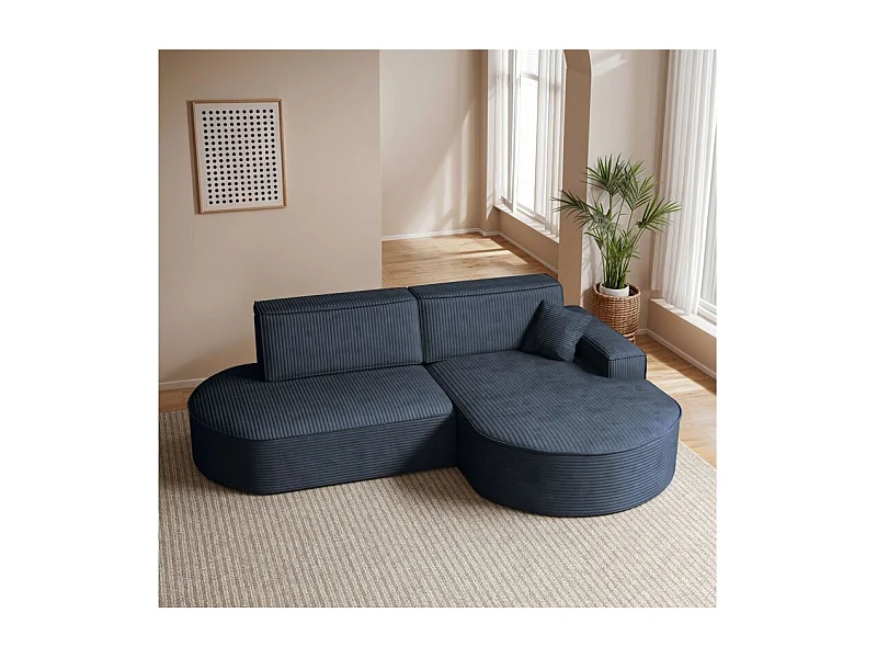 Canapé d'angle droit convertible 4 places MARLO en velours cotelé - Bleu foncé