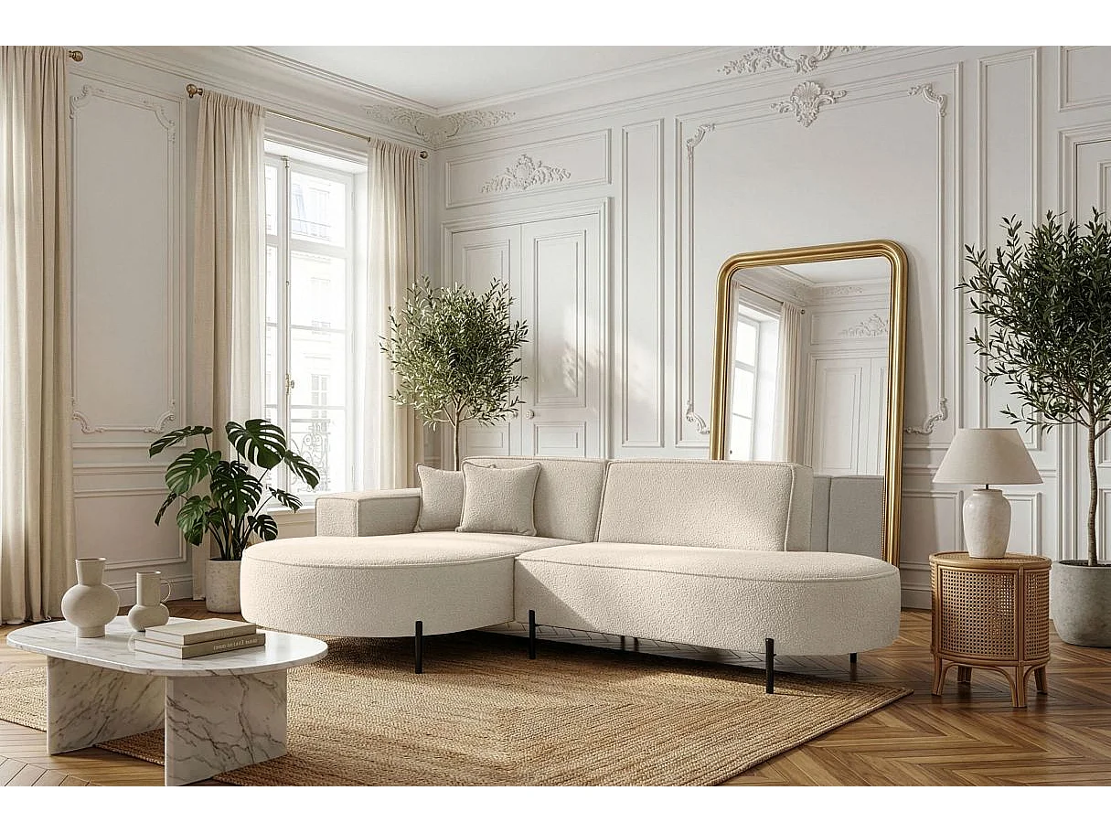 Canapé d'angle gauche 4 places MARLON en tissu bouclette - Blanc