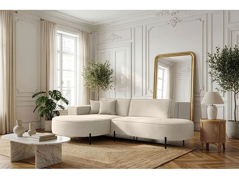 Canapé d'angle gauche 4 places MARLON en tissu bouclette - Blanc