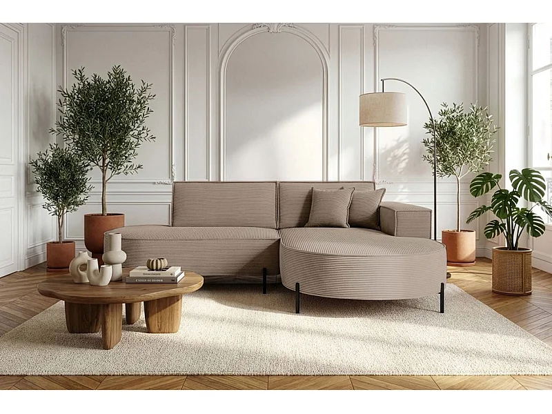 Canapé d'angle droit 4 places MARLON en velours côtelé - Taupe