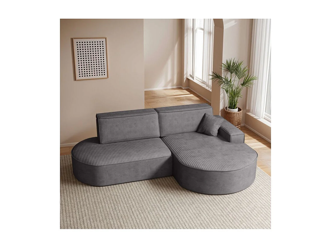 Canapé d'angle droit convertible 4 places MARLO en velours cotelé - Gris