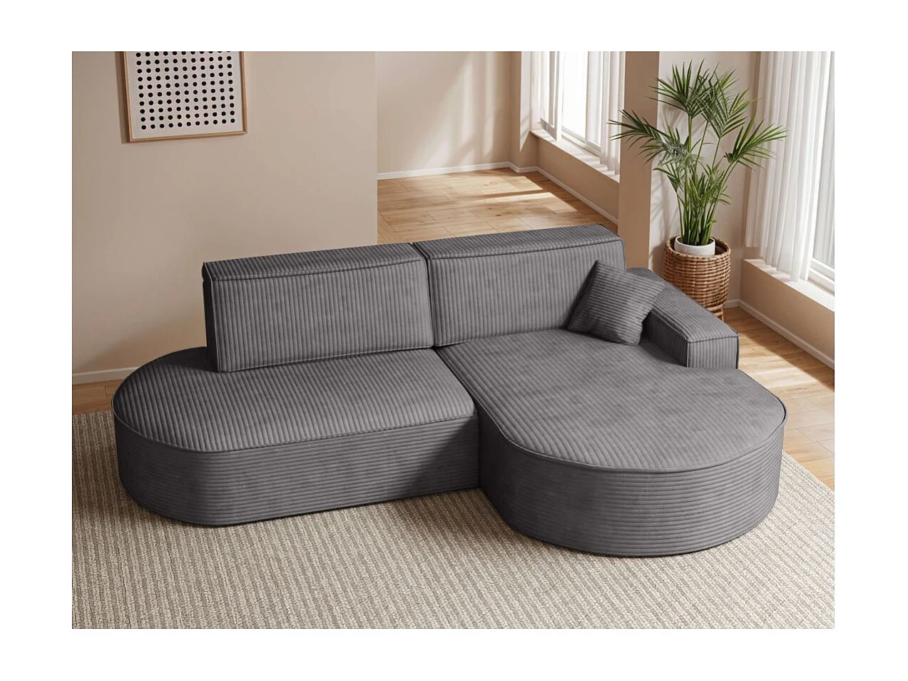 Canapé d'angle droit convertible 4 places MARLO en velours cotelé - Gris