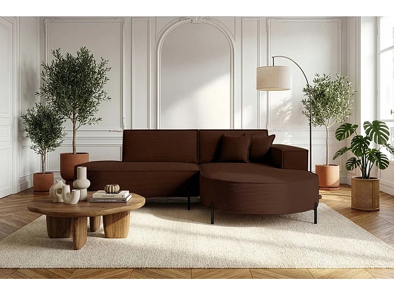 Canapé d'angle droit 4 places MARLON en velours côtelé - Marron