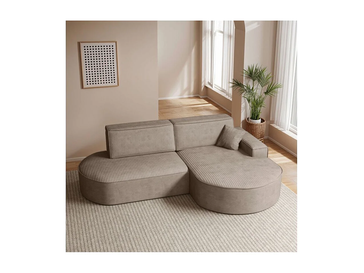 Canapé d'angle droit convertible 4 places MARLO en velours cotelé - Taupe