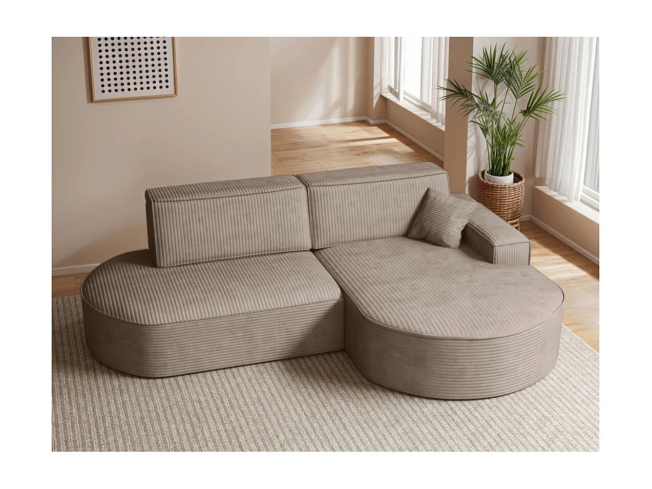 Canapé d'angle droit convertible 4 places MARLO en velours cotelé - Taupe