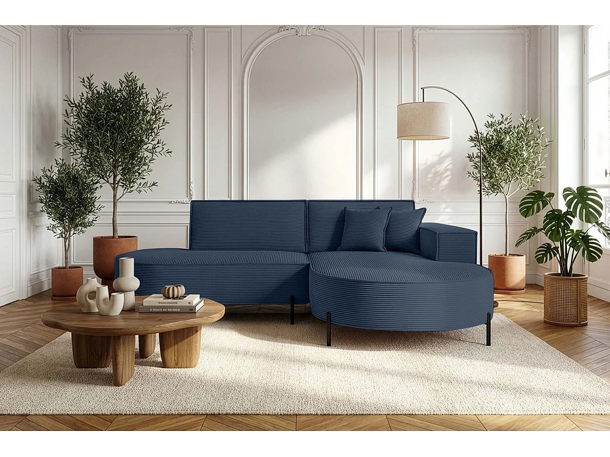 Canapé d'angle droit 4 places MARLON en velours côtelé - Bleu foncé