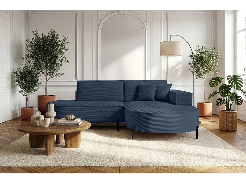 Canapé d'angle droit 4 places MARLON en velours côtelé - Bleu foncé