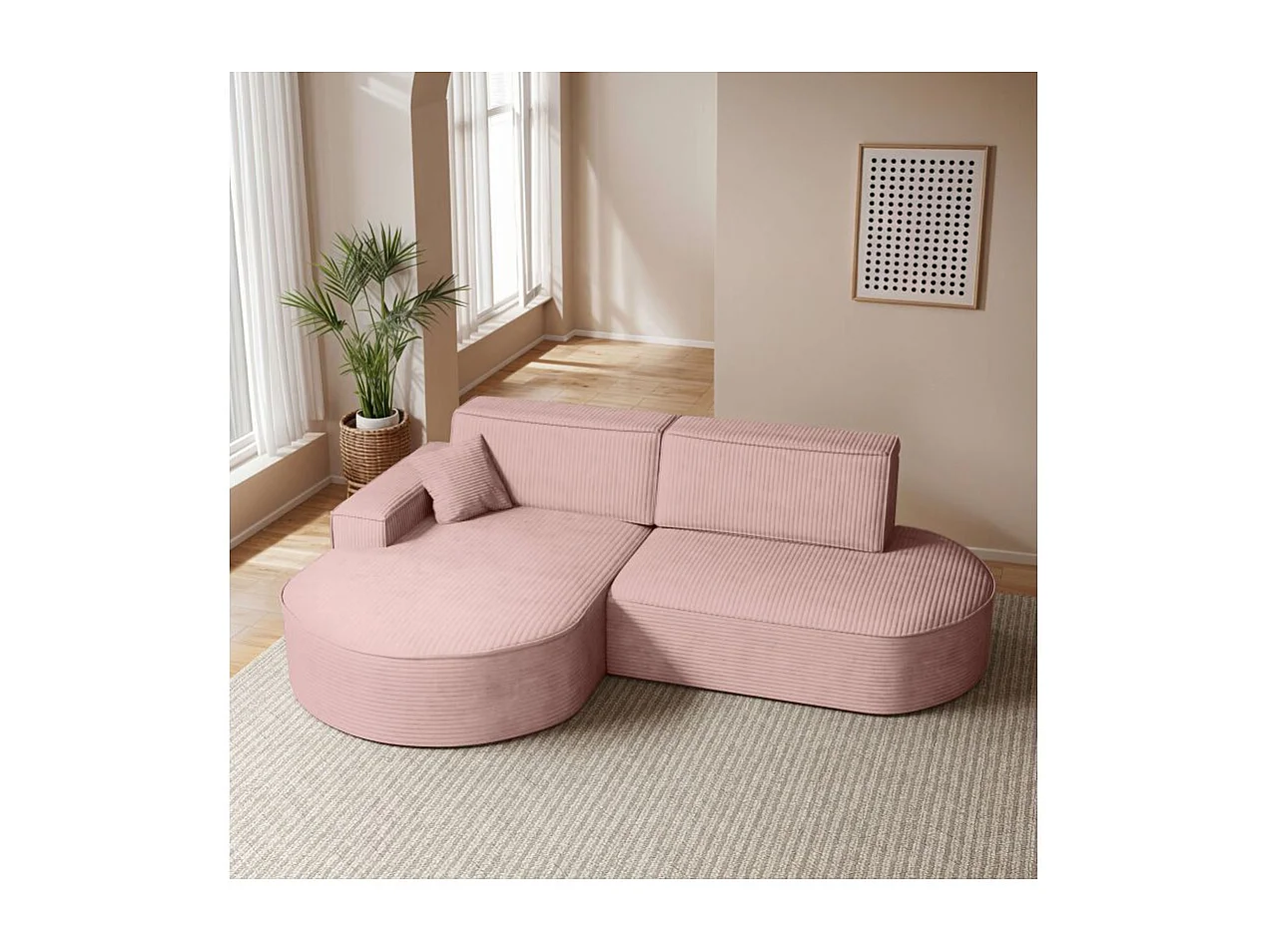 Canapé d'angle gauche convertible 4 places MARLO en velours cotelé - Rose