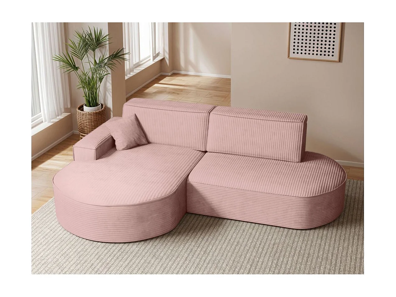 Canapé d'angle gauche convertible 4 places MARLO en velours cotelé - Rose