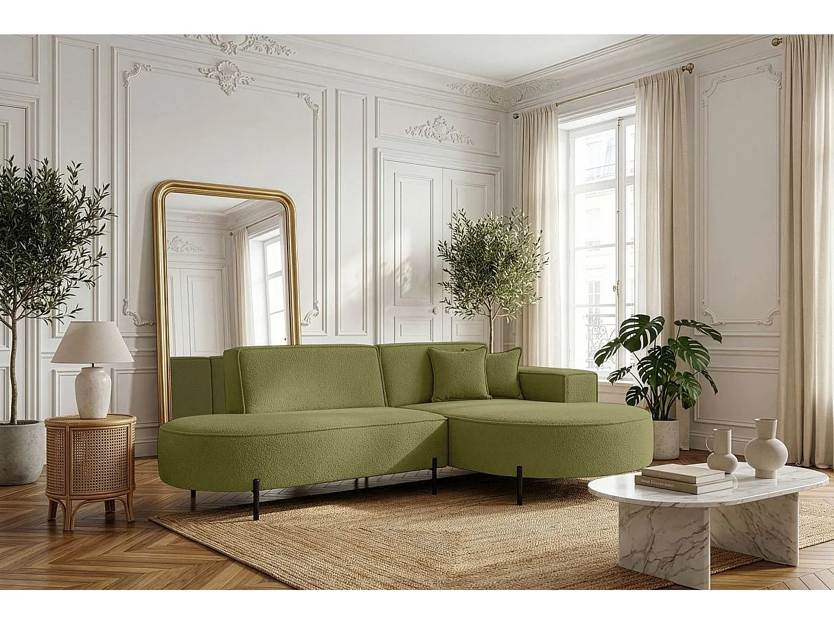 Canapé d'angle droit 4 places MARLON en tissu bouclette - Vert kaki