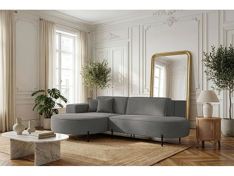 Canapé d'angle 4 places MARLON en tissu bouclette - Gris anthracite