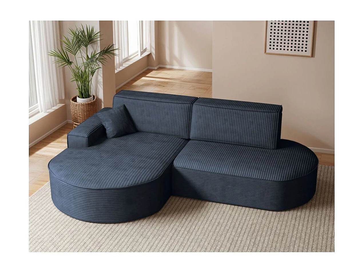 Canapé d'angle gauche convertible 4 places MARLO en velours cotelé - Bleu foncé