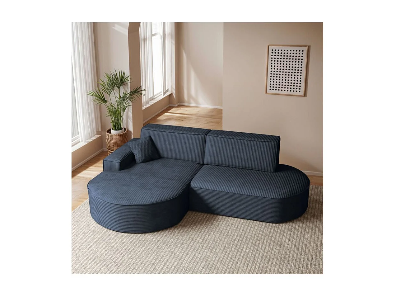 Canapé d'angle gauche convertible 4 places MARLO en velours cotelé - Bleu foncé