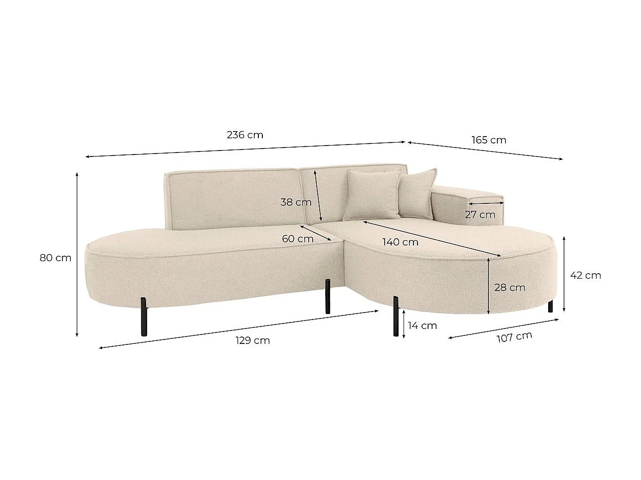 Canapé d'angle gauche 4 places MARLON en tissu bouclette - Beige