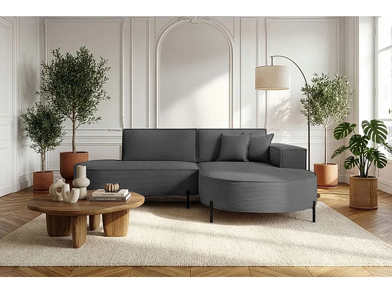 Canapé d'angle droit 4 places MARLON en velours côtelé - Gris