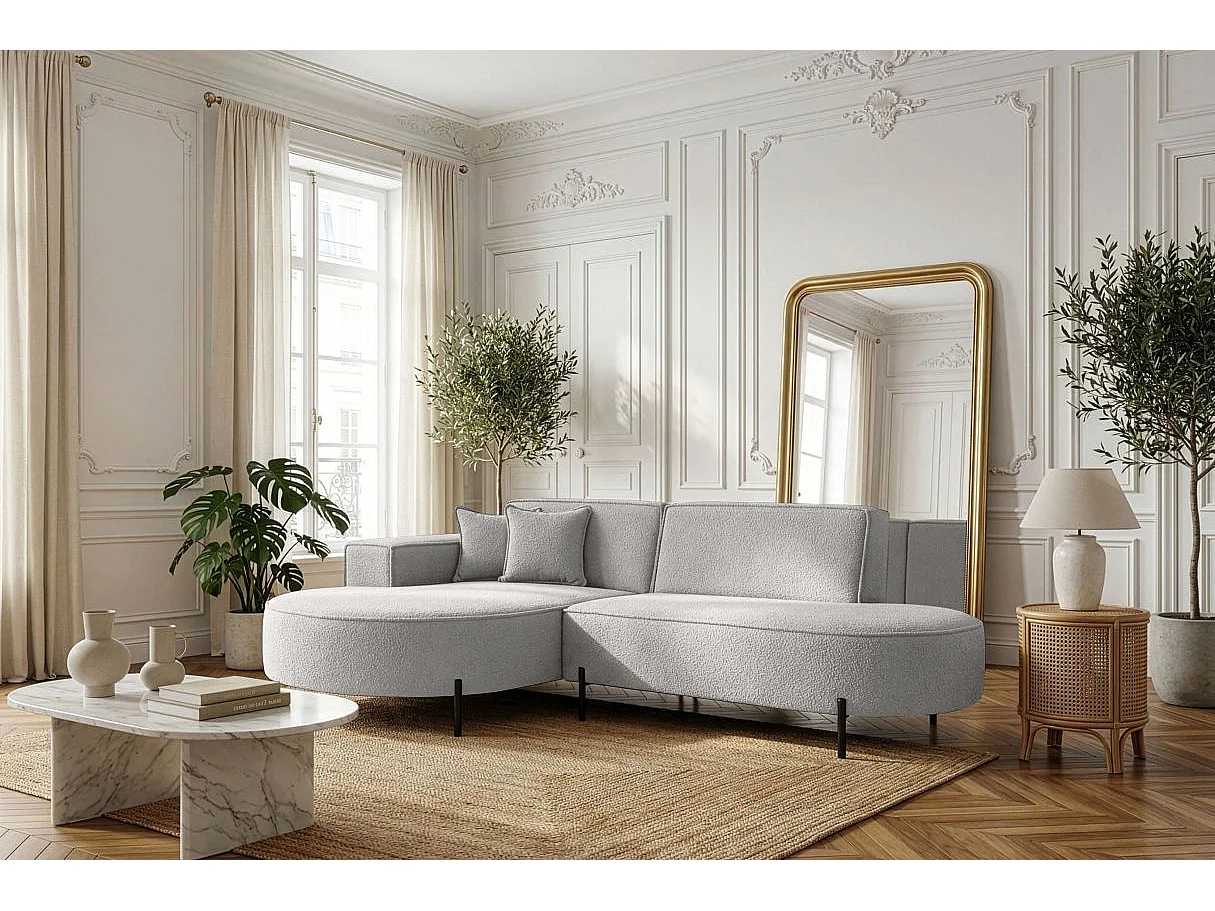 Canapé d'angle 4 places MARLON en tissu bouclette - Gris clair