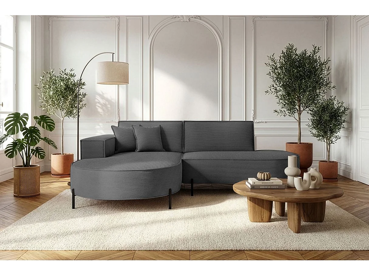 Canapé d'angle gauche 4 places MARLON en velours côtelé - Gris