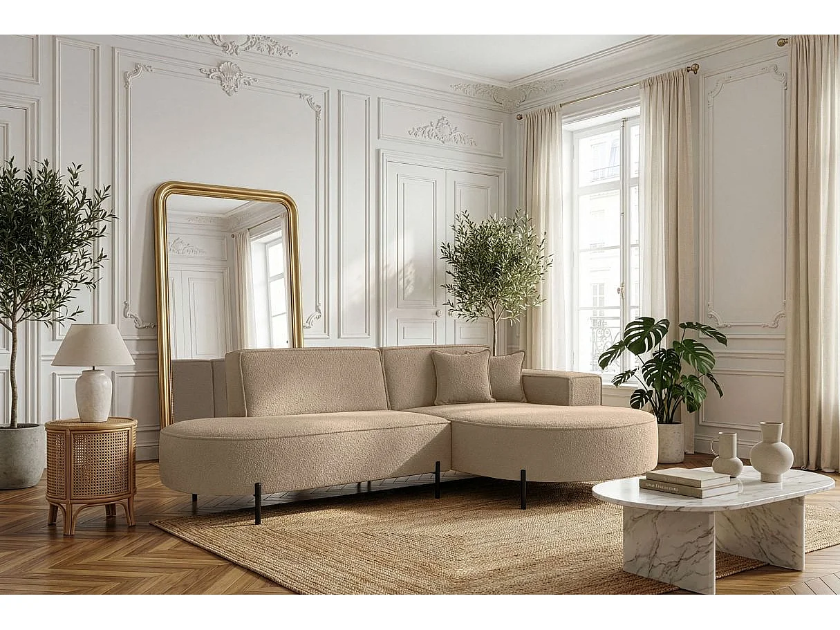 Canapé d'angle droit 4 places MARLON en tissu bouclette - Taupe