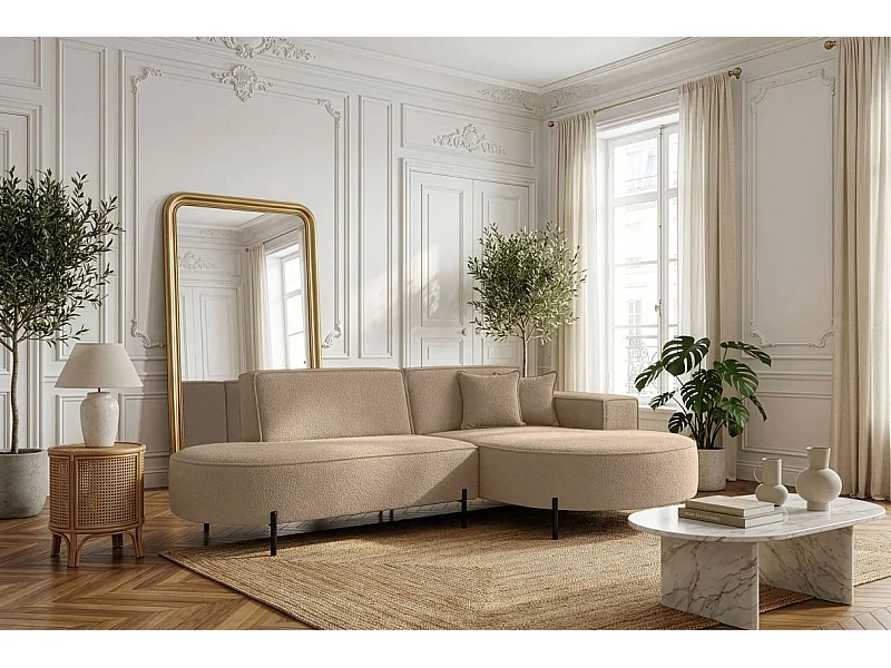 Canapé d'angle droit 4 places MARLON en tissu bouclette - Taupe