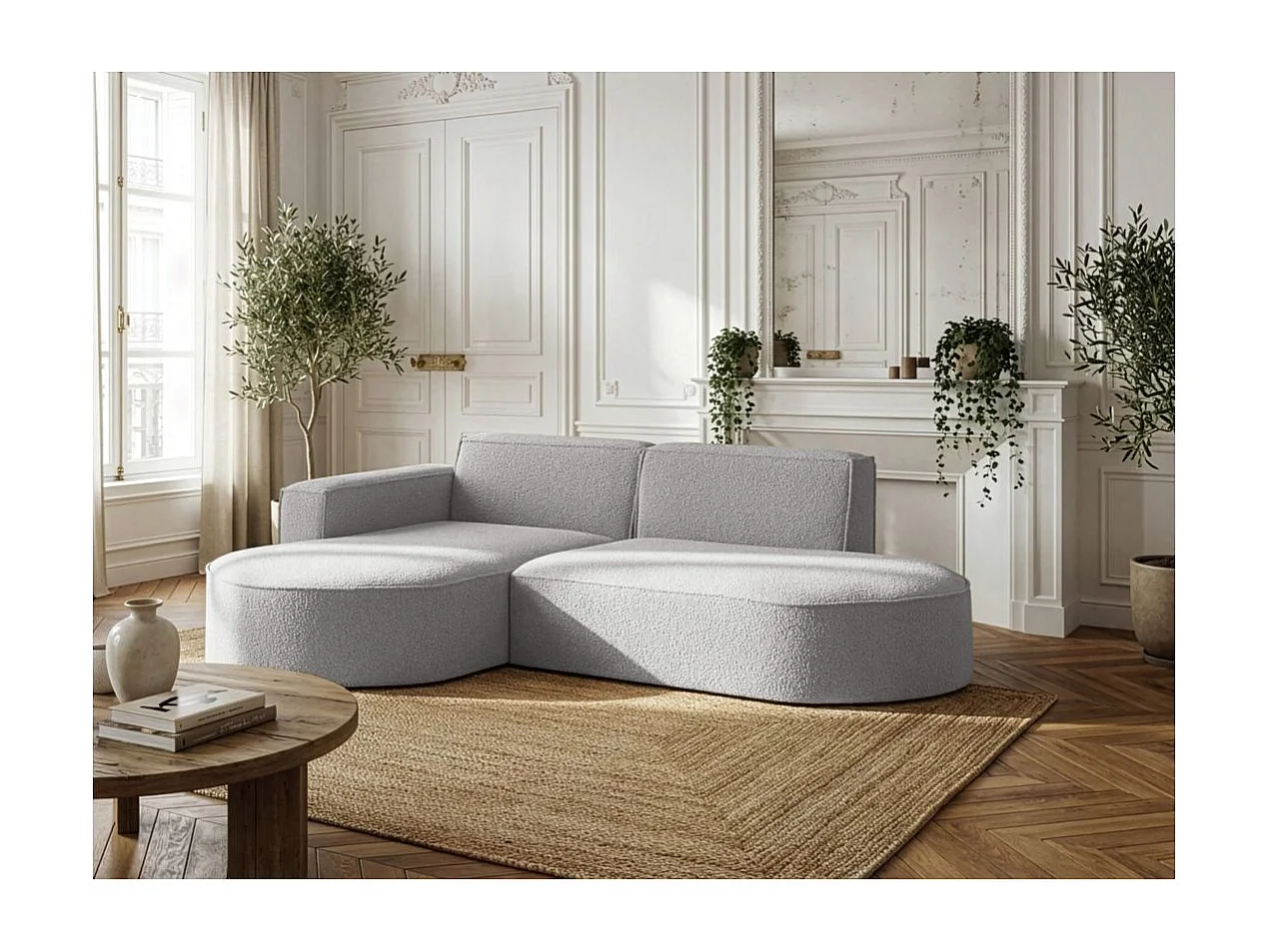 Canapé d'angle gauche 4 places MARLA en tissu bouclette - Gris clair