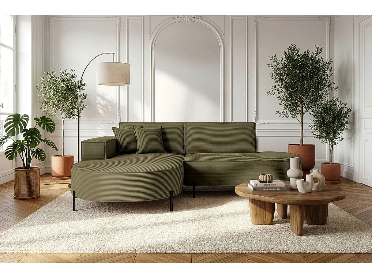 Canapé d'angle gauche 4 places MARLON en velours côtelé - Vert kaki