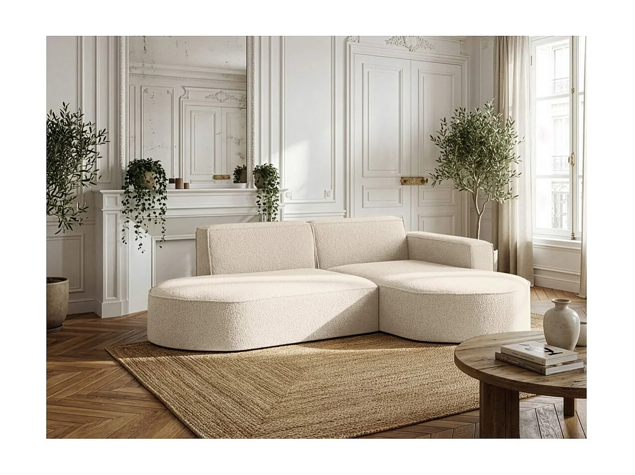 Canapé d'angle droit 4 places MARLA en tissu bouclette - Blanc