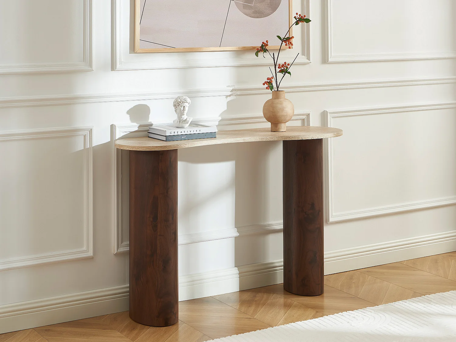 Console en MDF - Effet travertin et naturel foncé - ALOZYA