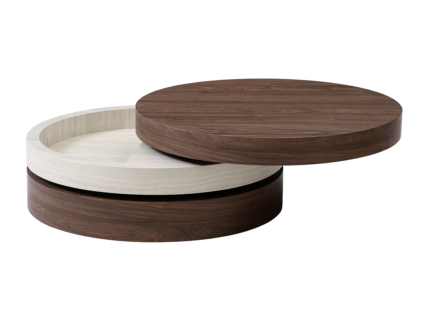 Table basse pivotante ronde avec 1 niche en MDF - Effet travertin et naturel foncé - JANITA