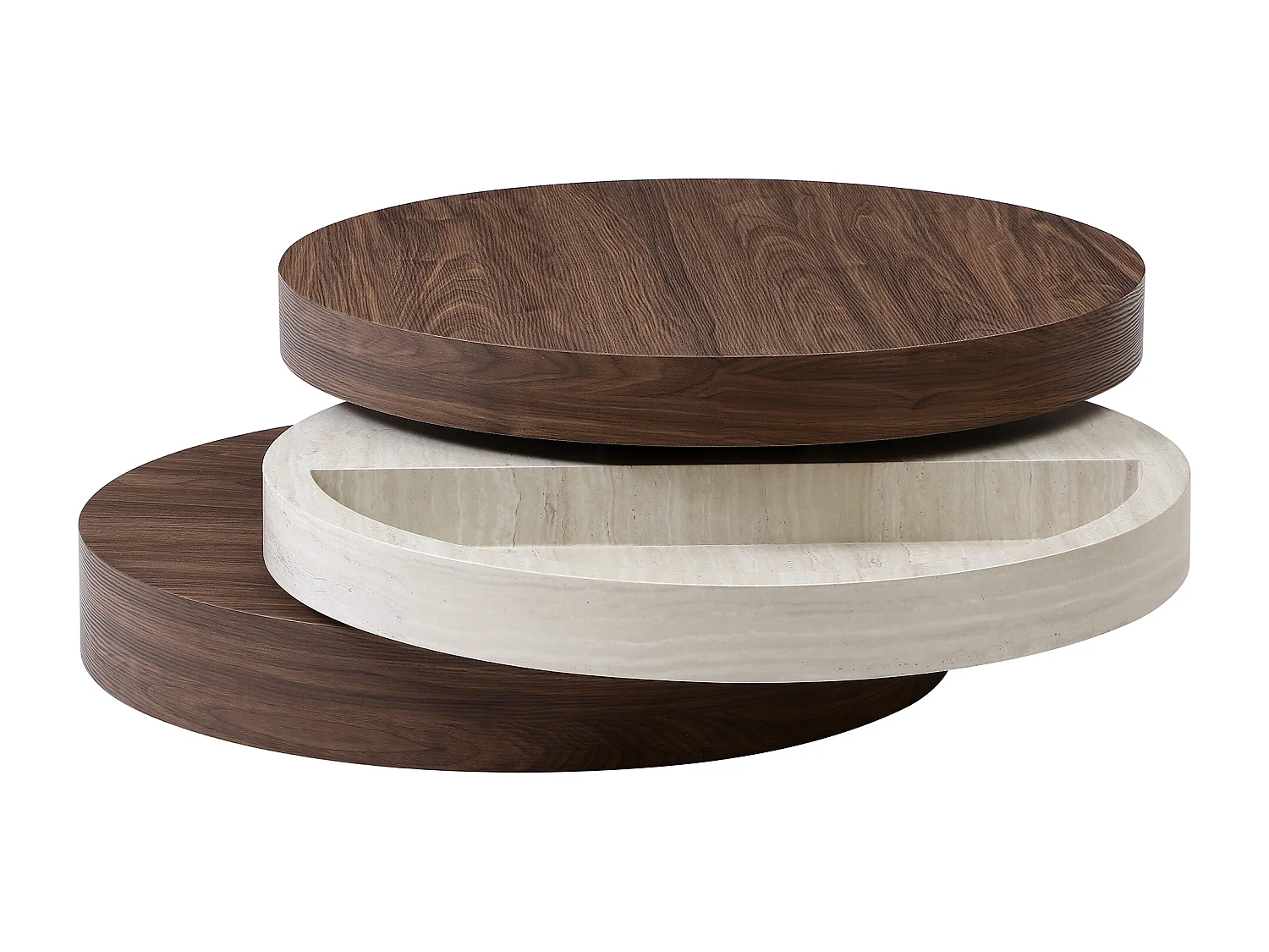 Table basse pivotante ronde avec 1 niche en MDF - Effet travertin et naturel foncé - JANITA