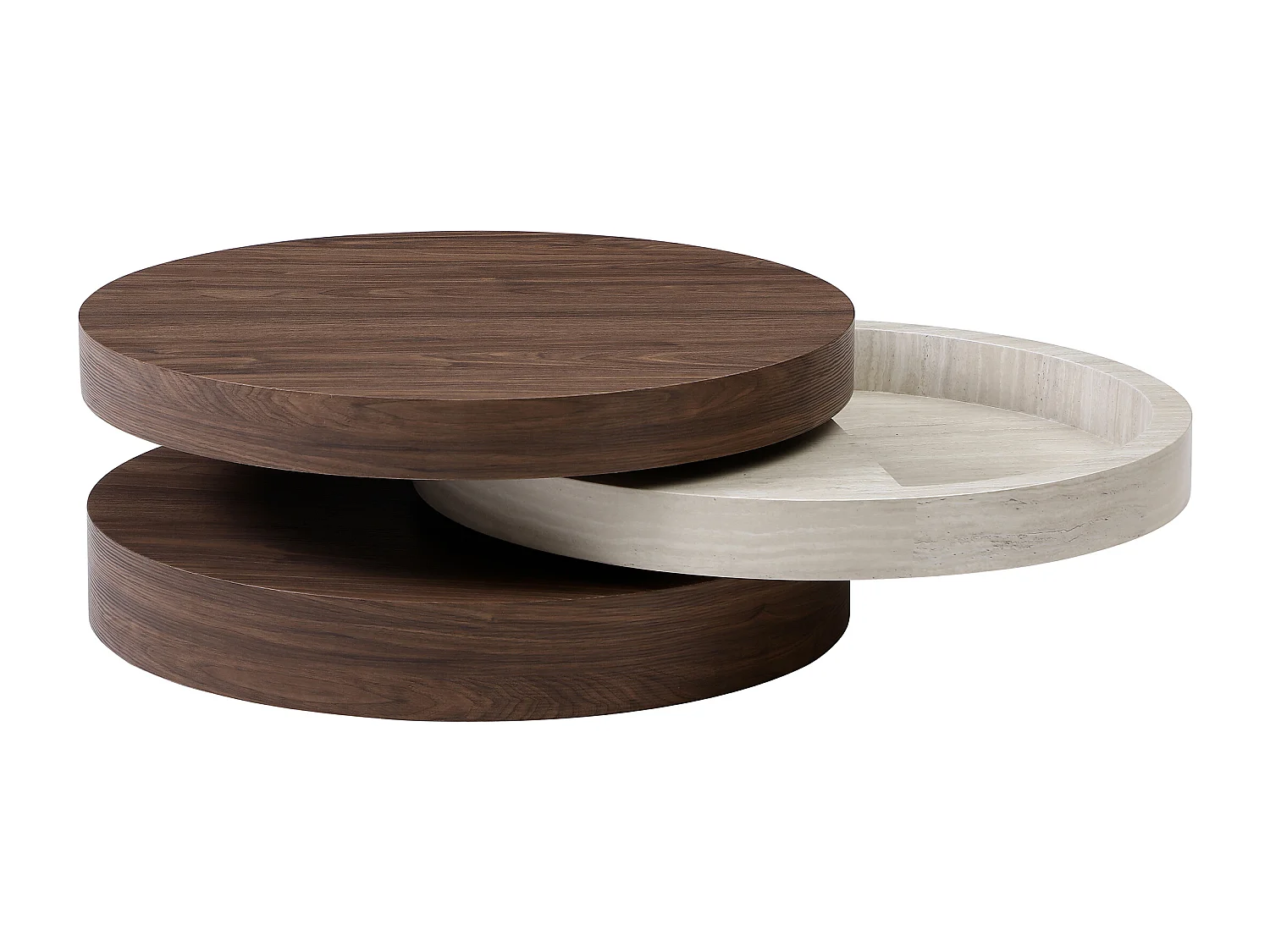 Table basse pivotante ronde avec 1 niche en MDF - Effet travertin et naturel foncé - JANITA