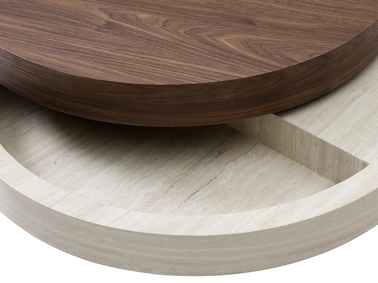 Table basse pivotante ronde avec 1 niche en MDF - Effet travertin et naturel foncé - JANITA