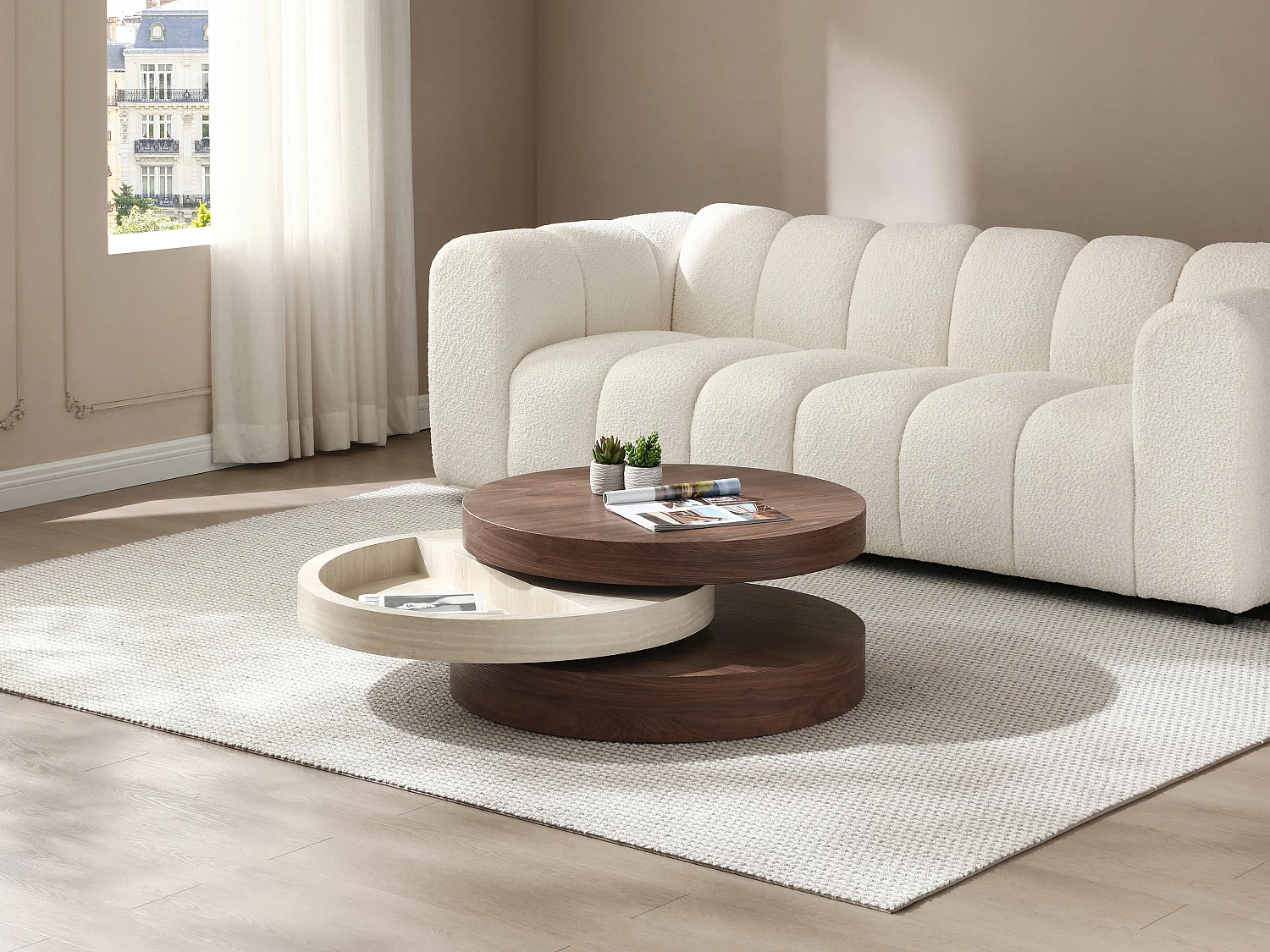 Table basse pivotante ronde avec 1 niche en MDF - Effet travertin et naturel foncé - JANITA