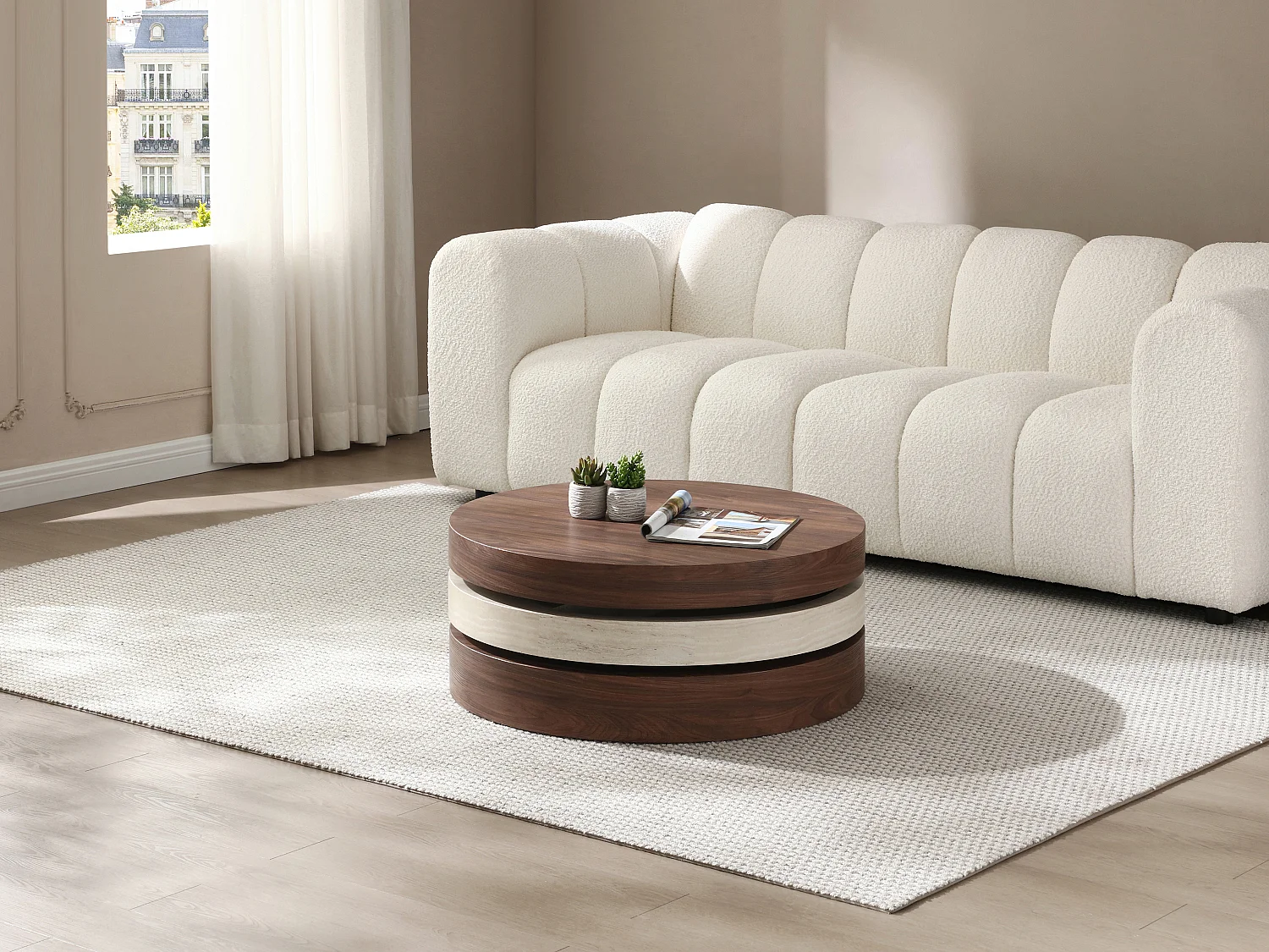 Table basse pivotante ronde avec 1 niche en MDF - Effet travertin et naturel foncé - JANITA