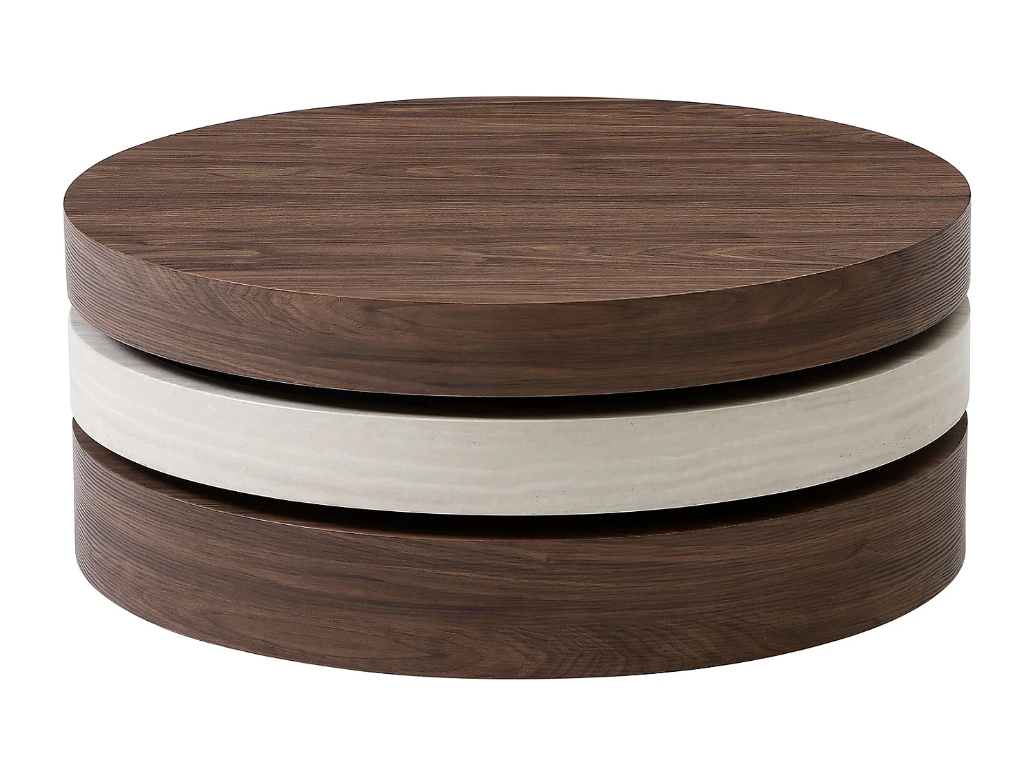 Table basse pivotante ronde avec 1 niche en MDF - Effet travertin et naturel foncé - JANITA