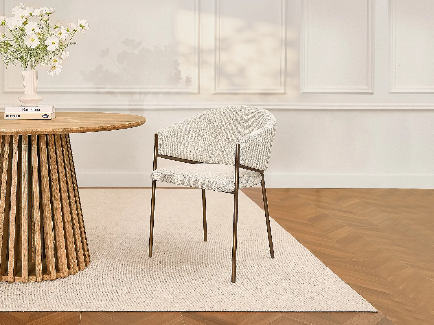 Lot de 2 chaises avec accoudoirs en tissu tweed et métal bronze - Crème - ORDIDA