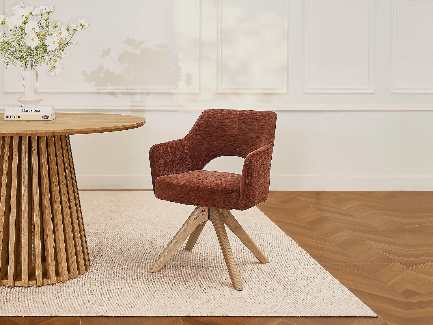 Chaise pivotante avec accoudoirs en tissu texturé et bois de chêne - Terracotta - KONYA
