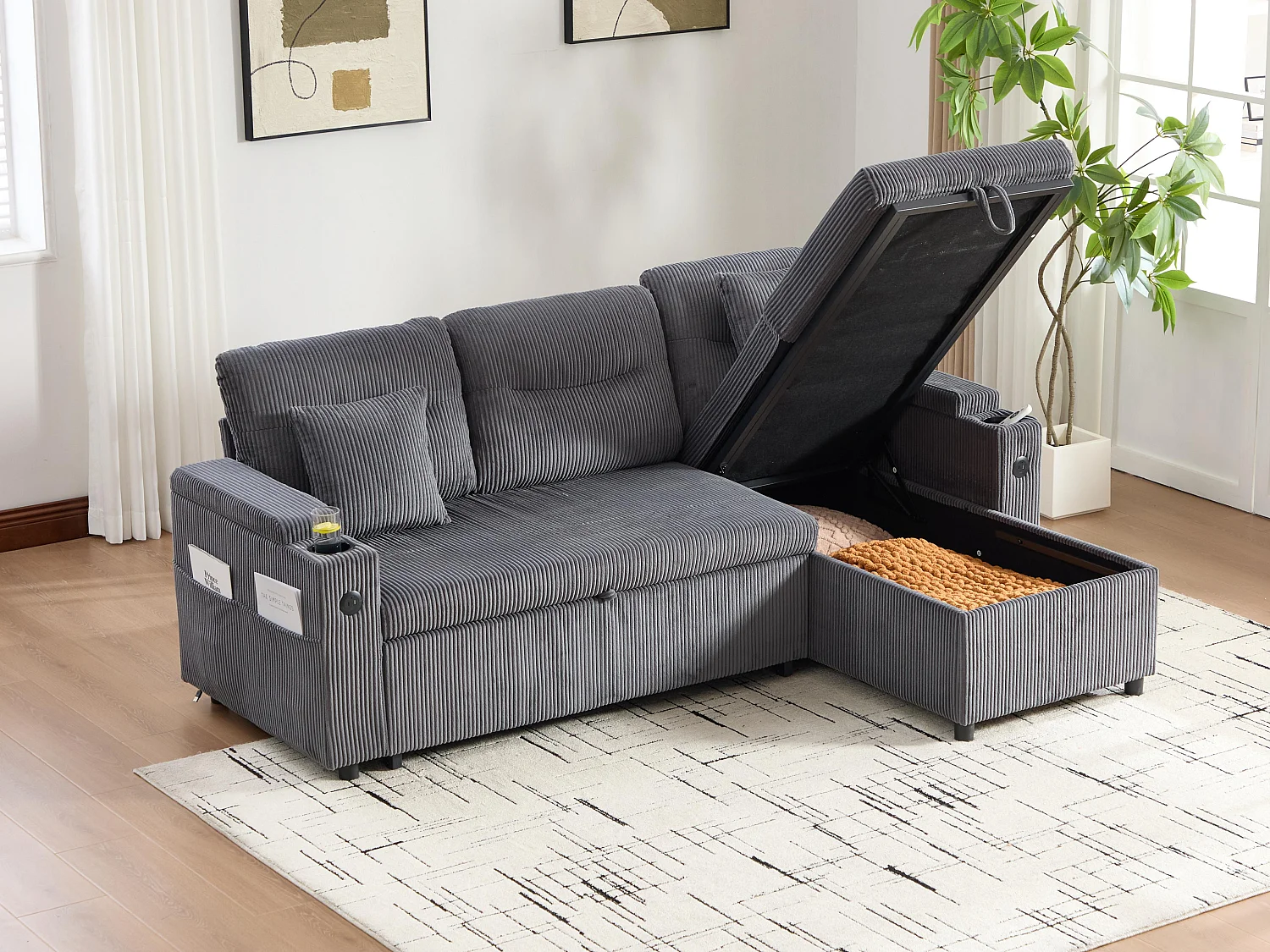 Canapé d’angle convertible fixe 3 places - Convertible en lit double - Chaise longue avec coffre - Accoudoirs rangement et USB-C - Idéal pour petits espaces