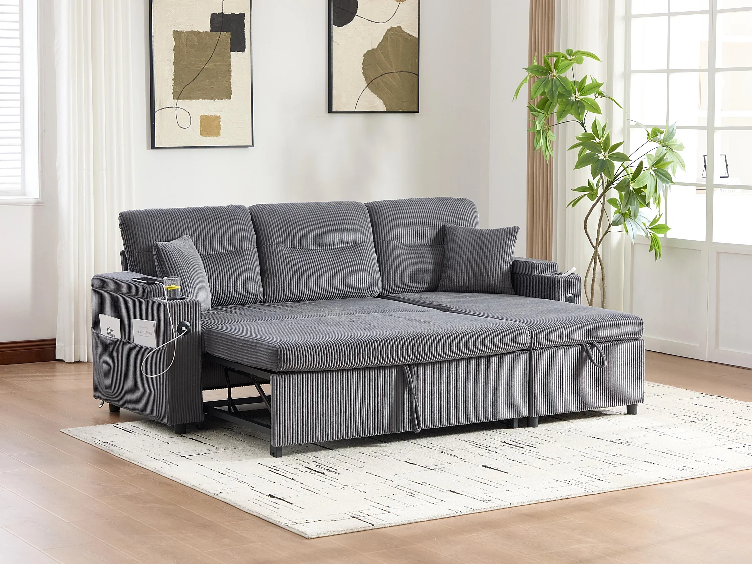 Canapé d’angle convertible fixe 3 places - Convertible en lit double - Chaise longue avec coffre - Accoudoirs rangement et USB-C - Idéal pour petits espaces