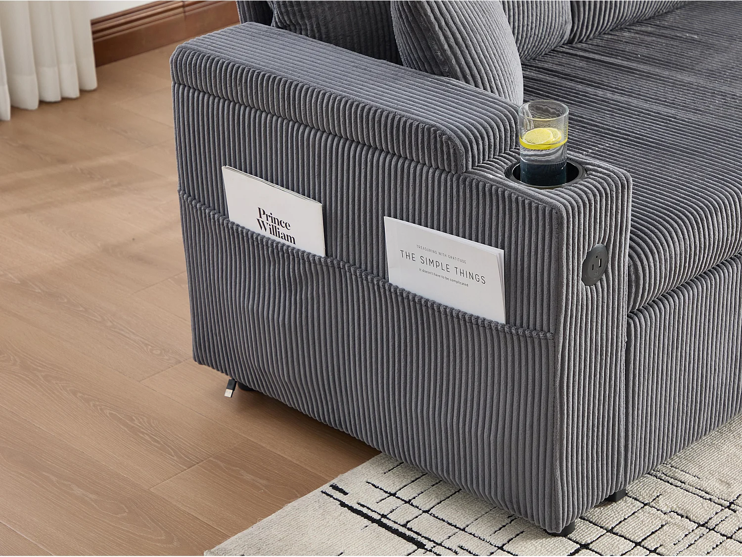 Canapé d’angle convertible fixe 3 places - Convertible en lit double - Chaise longue avec coffre - Accoudoirs rangement et USB-C - Idéal pour petits espaces