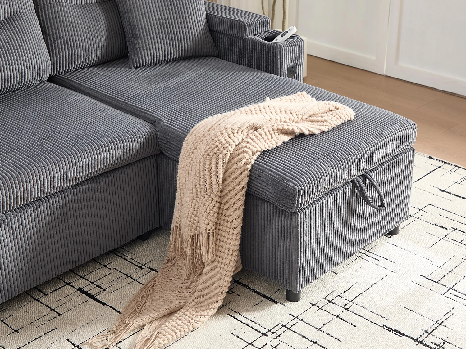 Canapé d’angle convertible fixe 3 places - Convertible en lit double - Chaise longue avec coffre - Accoudoirs rangement et USB-C - Idéal pour petits espaces