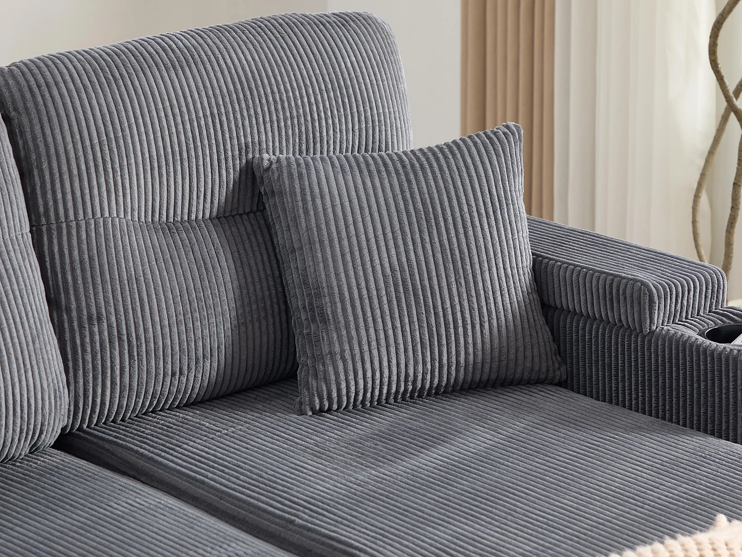 Canapé d’angle convertible fixe 3 places - Convertible en lit double - Chaise longue avec coffre - Accoudoirs rangement et USB-C - Idéal pour petits espaces