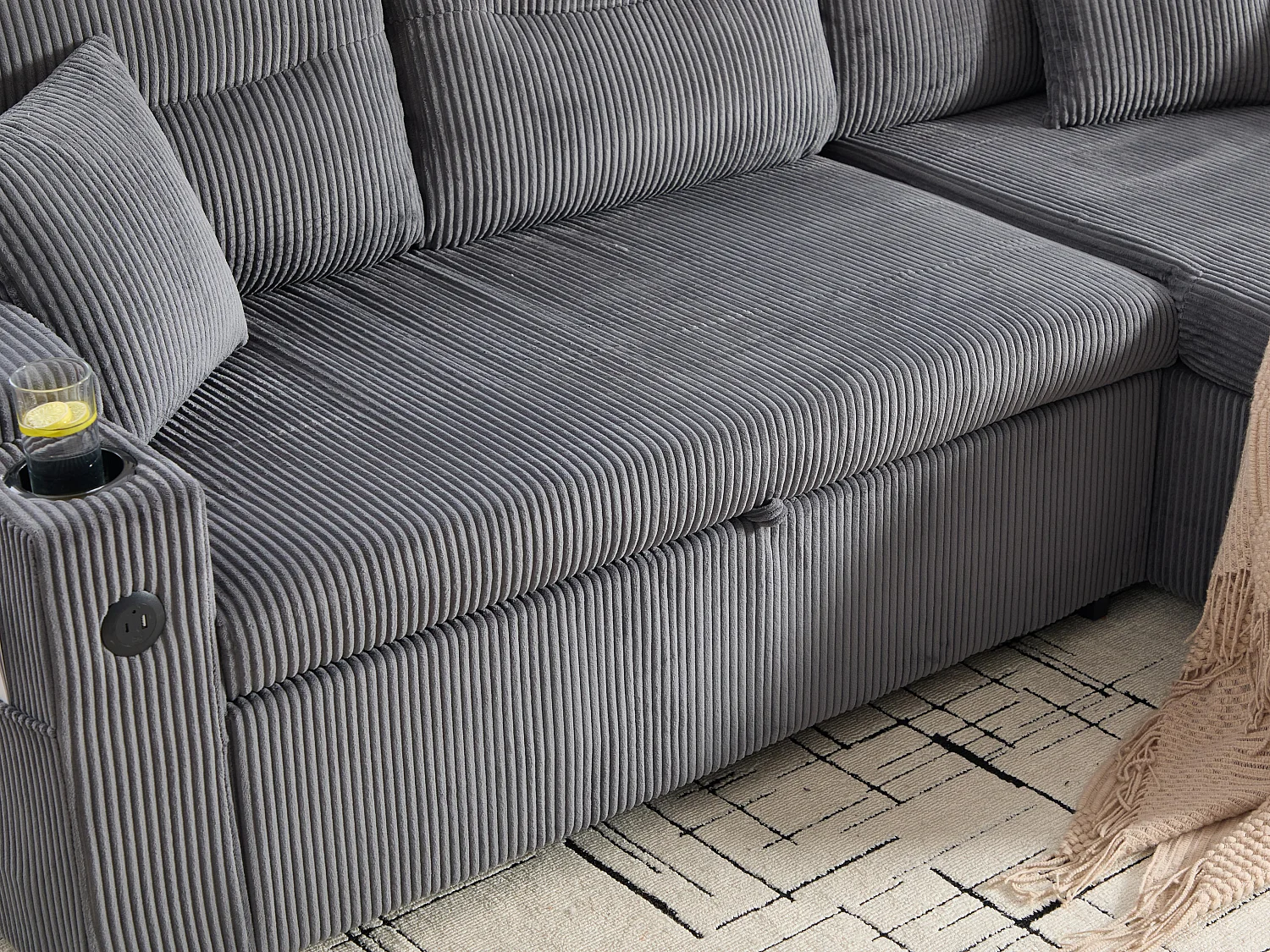 Canapé d’angle convertible fixe 3 places - Convertible en lit double - Chaise longue avec coffre - Accoudoirs rangement et USB-C - Idéal pour petits espaces