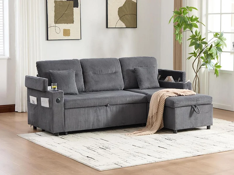 Canapé d’angle convertible fixe 3 places - Convertible en lit double - Chaise longue avec coffre - Accoudoirs rangement et USB-C - Idéal pour petits espaces